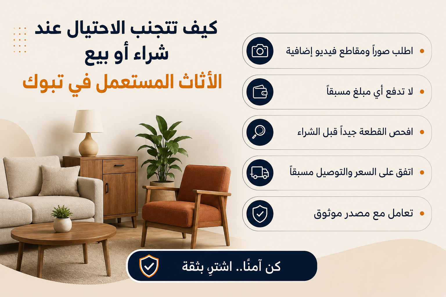 كيف تتجنب النصب والاحتيال عند شراء أو بيع الأثاث المستعمل في تبوك